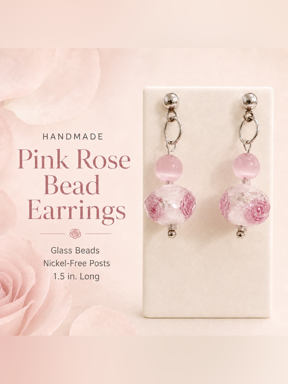 Handmade Pink Rose Bead Dangle Earrings - Nickel-Free Posts